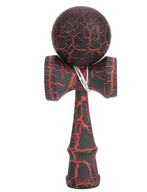Kendama profesionala din lemn 18 cm model clasic cu design crapat culoare NEGRU/ROSU